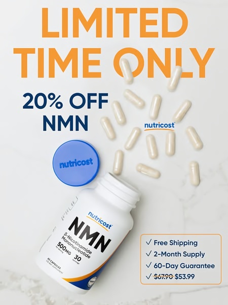 A high-conversion 3:4 ad creative showcasing a bottle of NMN supplements surrounded by pills with a clear 20% off promotion.
